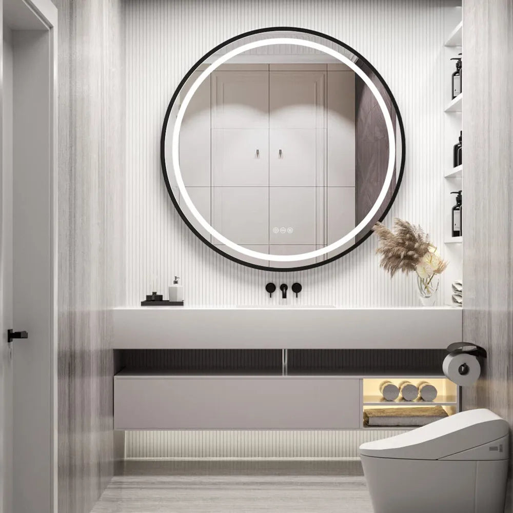 LUVODI Bathroom Light Mirror Round Black Gold Frame Bathroom Dimmable Fogless Mirror with Detachable Rope