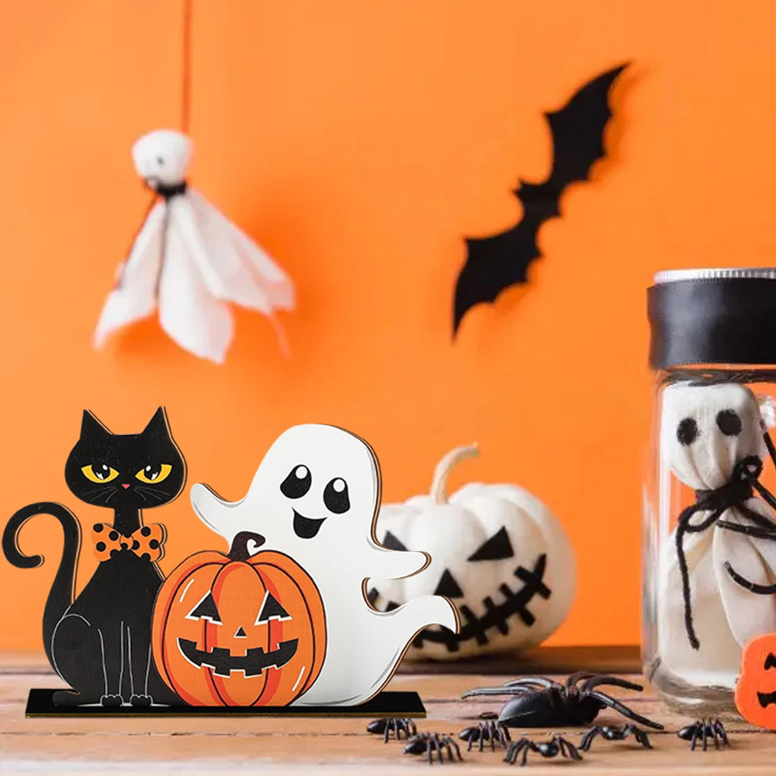 Halloween Decorations Wooden Cat Pumpkin Ghost Figurines Home Party Ornaments