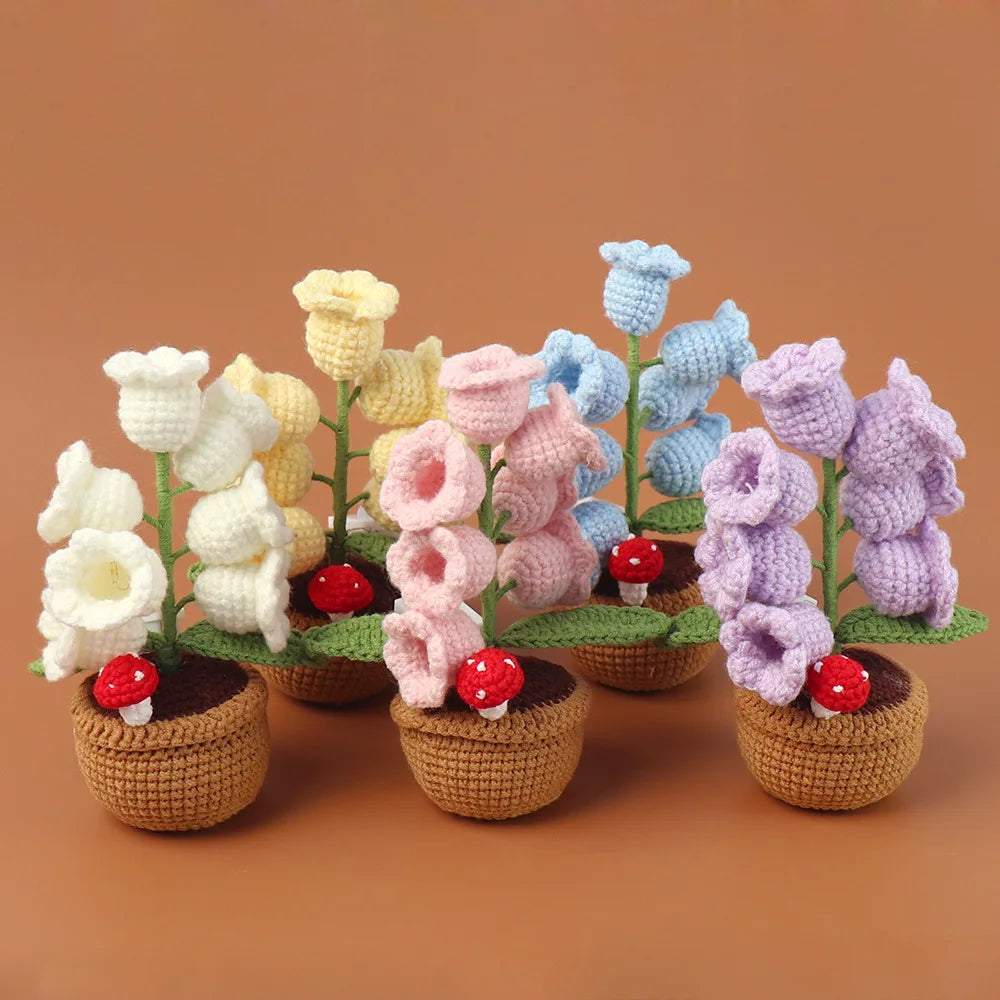 Crochet Bell Orchid with Potted  Knitted Flowers with Light Handmade Artificial Flower Desktop Bookshef  Easter Decoration 2025