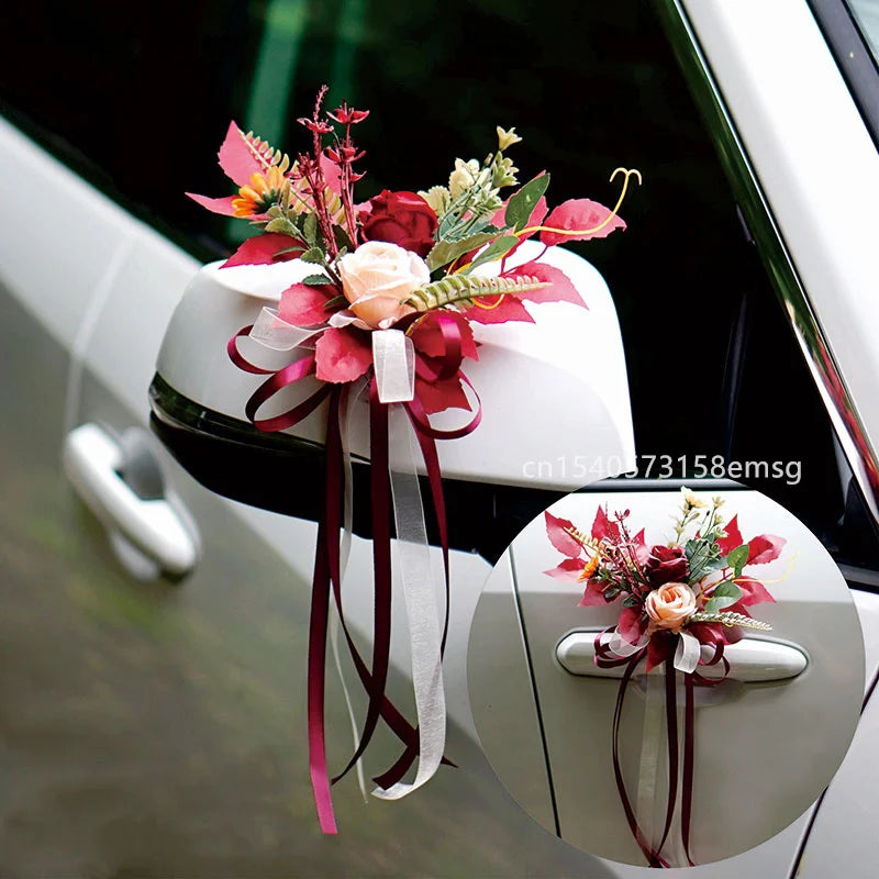 4PCS Artificial Flower Car Door Chair Back Decoration Wedding Decor Party Supplies Romantic Ribbon Floral Outdoor Decoration