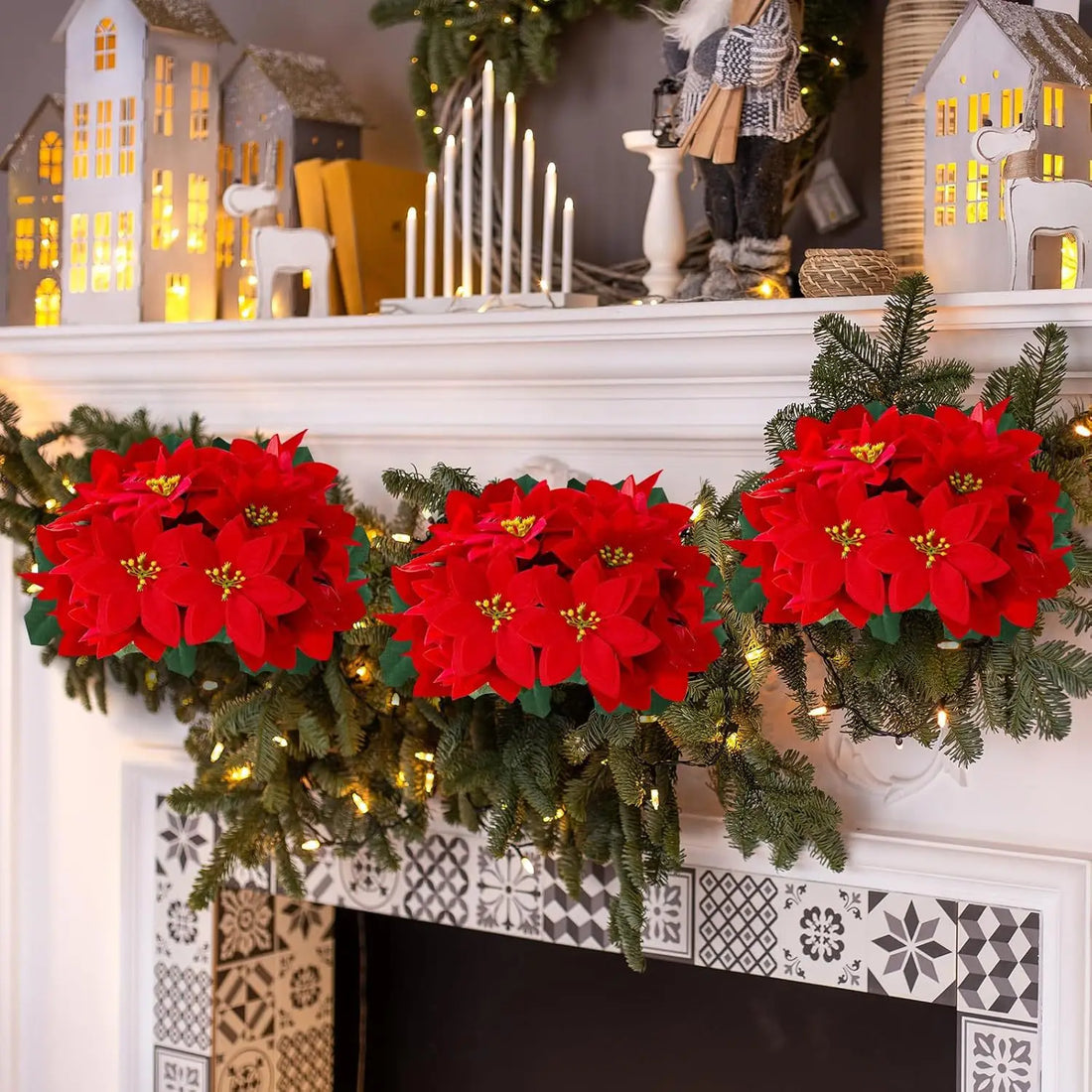 5 Heads Artificial Poinsettia Flowers Red Bush Bouquets Fake Flower  for Christmas Tree Wreaths DIY Home Garden Party Decoration