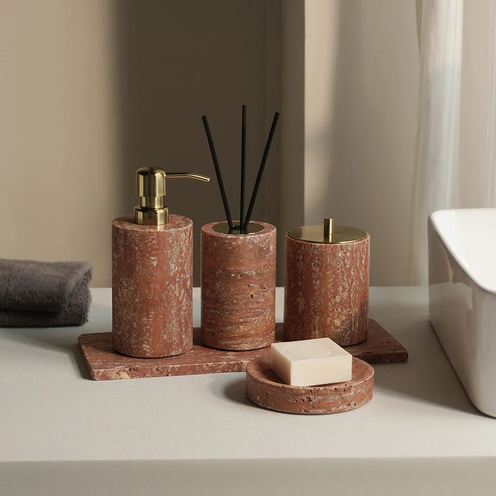 Red Travertine Bathroom Accessories Set Vintage Soap Holder Soap Dispenser Cotton Swab Jar Vanity Tray Bathroom Set