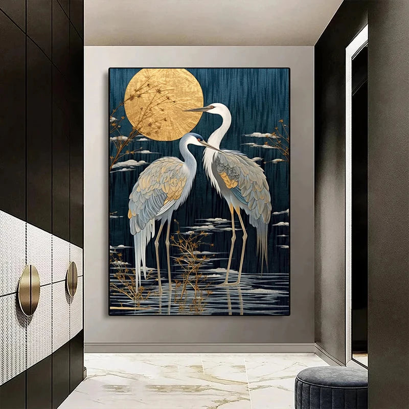 Modern Nature Golden Crane and Moon Art Canvas Painting Posters Prints Abstract Animals Wall Art Pictures Living Room Home Decor