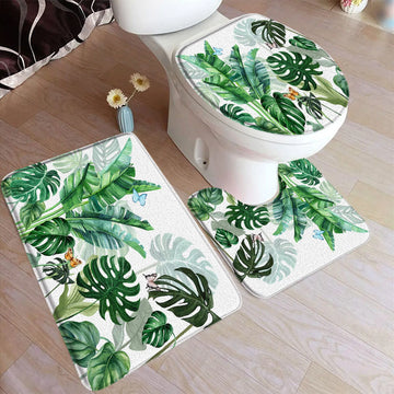 Tropical Green Leaves Bath Mat Set Butterfly Palm Leaf Monstera Watercolour Plants Home Carpet Bathroom Decor Rugs Toilet Cover