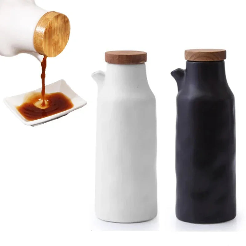Wooden Cover Ceramic Oil Pot Household Leak-proof Oil & Vinegar Pots Porcelain Kitchen Soy Sauce Pot Oil Tank Seasoning Bottle