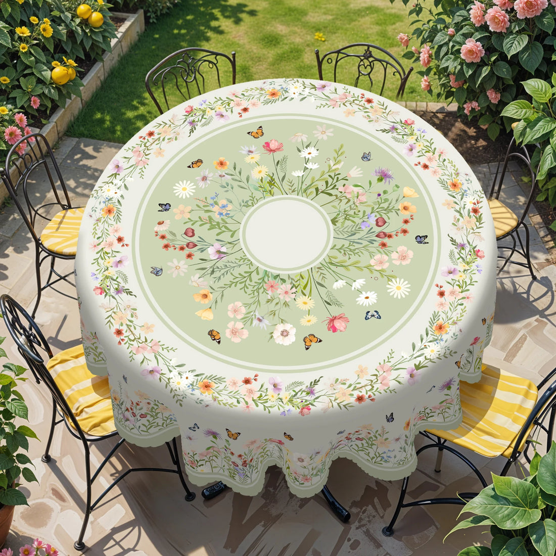 1 Piece, Light Green Small Fresh Style Flower Tablecloth + 4 Pieces Self-Adhesive, Flower Butterfly Print, Round and Rectangular Tablecloth, Embossed Edge, Suitable for Home Kitchen Decoration, Room Decoration, Party Tableclo