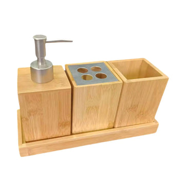 4Pcs Bathroom Accessories Set Toothbrush Cup Premium Bamboo Portable Lotion