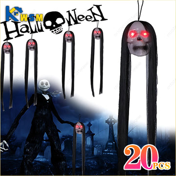 Halloween Hanging Ghost Skull with Long Hair Glowing Eyes Terror Skull Ghost House Head Skeleton Props 2024 Halloween Decoration