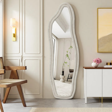 Superaly 140×45cm Modern Large Wavy Wall Mirror with Stand, Full-length Mirror, Can Be Hung, with Wooden Frame for Bedroom
