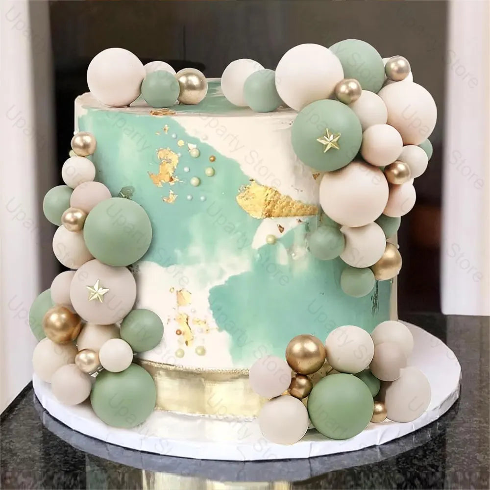 60 Pcs Balls Cake Toppers 2-4cm Metal Gold Beige Sage Green Cake Balls Cake Decorations for Birthday Baby Shower Wedding Decor