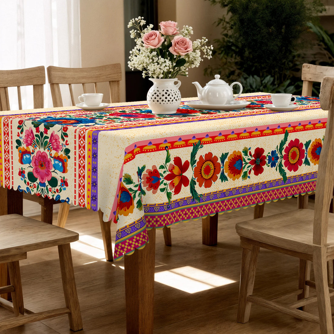 Retro Exotic Style Themed Tablecloth, with Vibrant Floral Designs, Classic Geometric Printed Patterns, Waterproof, Wrinkle-Resistant, Fade-Resistant, Available in Various Sizes, with Embossed Edges, Perfect for Parties and Fe