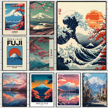 1pc Frameless Japanese Poster Mount Fuji Plum Blossom Wave Canvas Painting Modern Aesthetic Decor for Family Living Room Bedroom