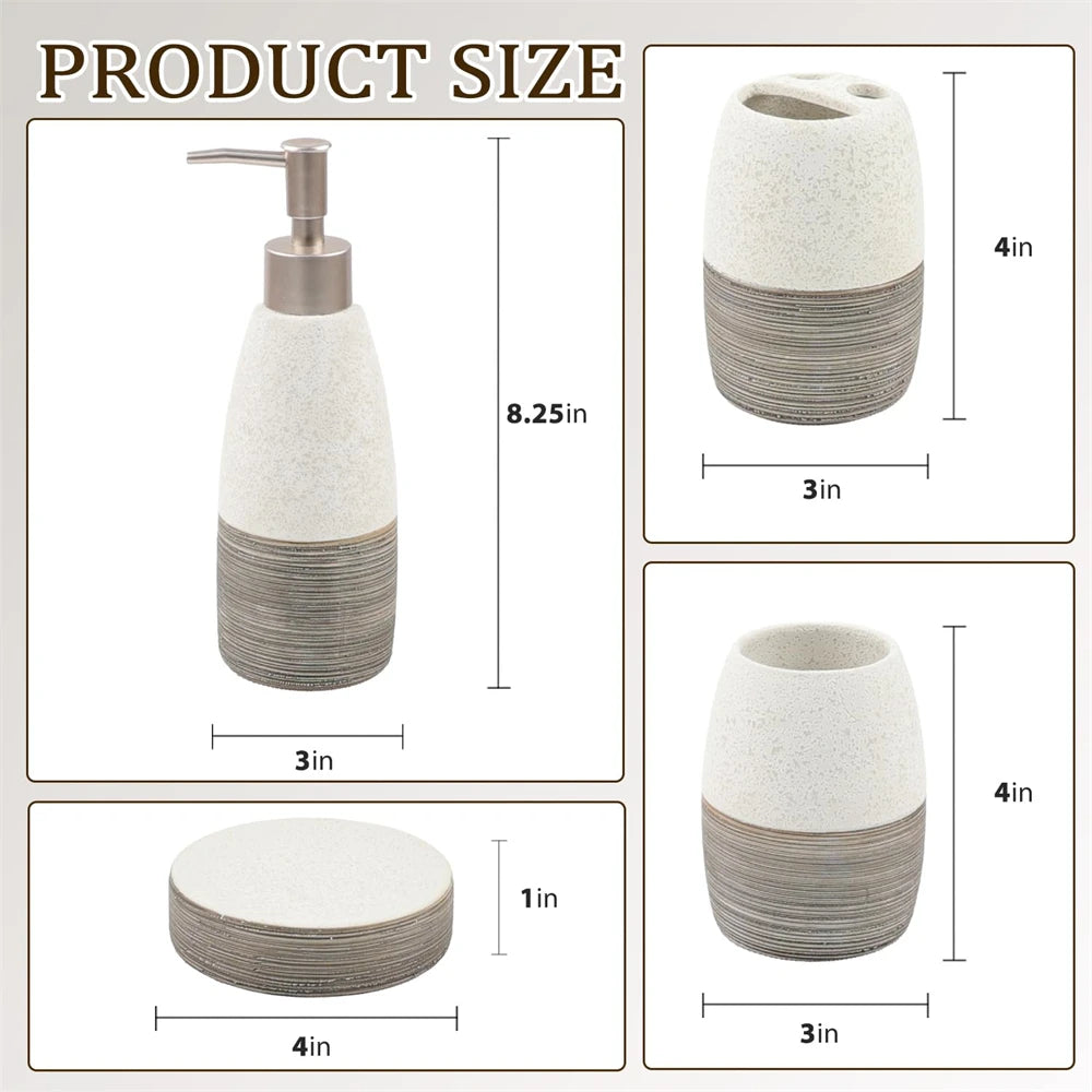 4 Pcs Grey White Ceramic Bathroom Accessories Set, Includes Toothbrush Holder, Toothbrush Cup, Soap Dispenser, Soap Dish