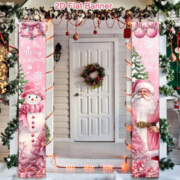 Christmas Pink Couplets Snowman Santa Claus Christmas Door Curtain Christmas Decorations 2025 Home Front Door Banner Decoration