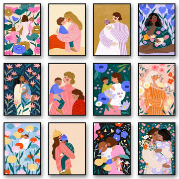 Motherhood Art Print Canvas Painting Young Mum and Kids Poster Maternal Love Floral Nursery Kids Room Home Decoration