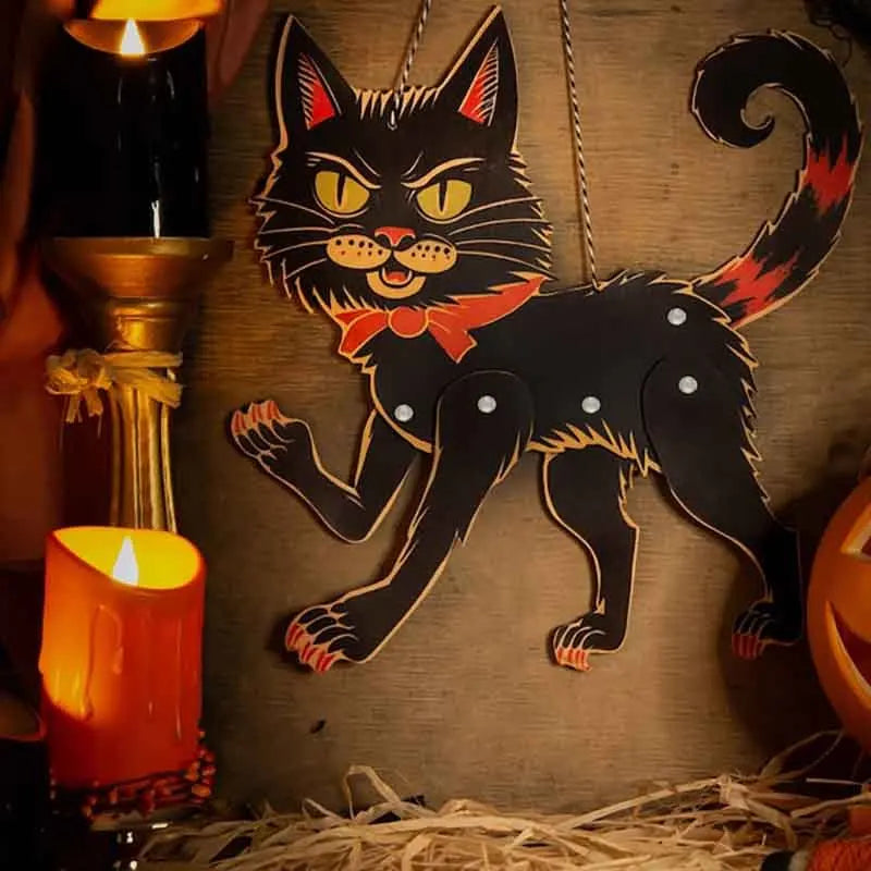 Vintage Articulated Wooden Cat Decor - Laser-Cut Halloween Hanging with Red Bowtie, No Electricity Needed for Spooky Home
