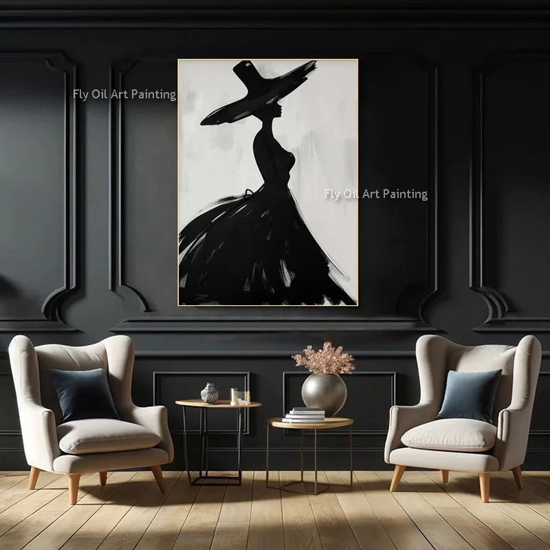 Black White Abstract Elegance Women Oil Painting New Design Handmade Fashional Blue White Girl Portrait Wall Art Decor For Home