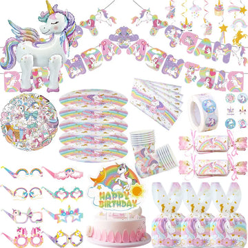 Unicorn Girl Birthday Decoration Set Cup Plate Unicorn Balloons Happy Banner Cake Topper Backdrop Supplies for Kids Party Favors