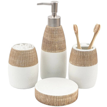 4 Pcs Brown White Ceramic Bathroom Accessories Set Includes Toothbrush Holder, Toothbrush Cup, Soap Dish, Countertop Decor