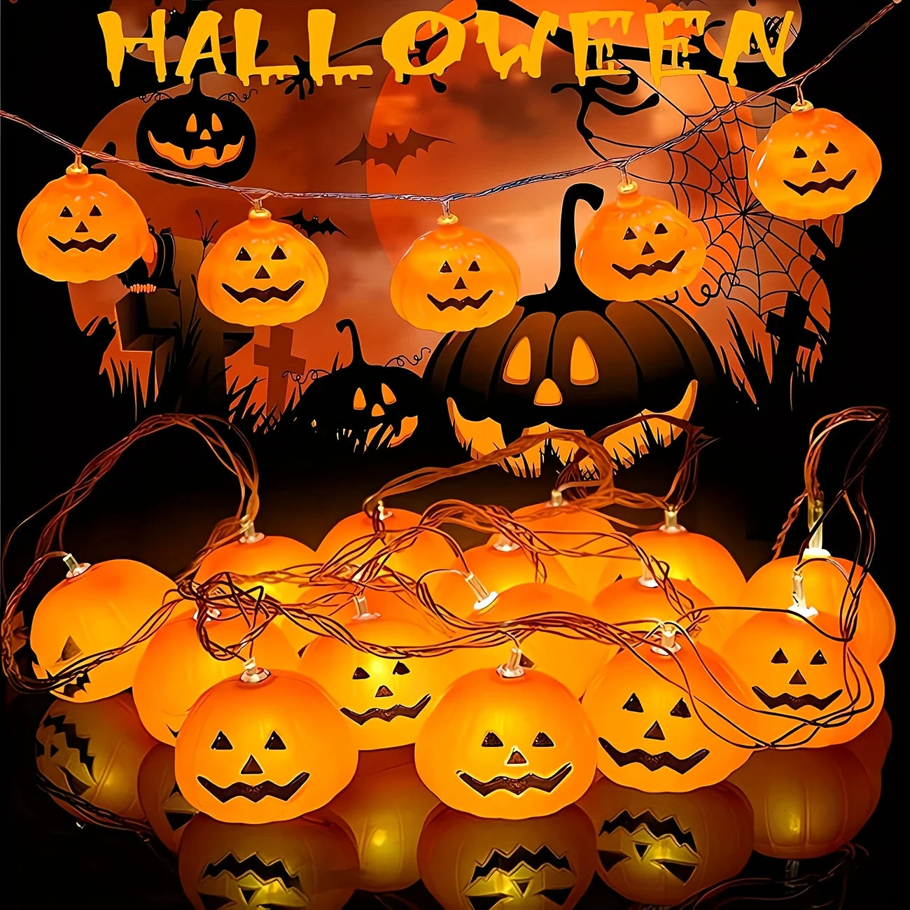 Halloween 3D Pumpkin LED String Lights Battery Powered Lantern Fairy Lights for Indoor Outdoor Party Home Fireplace Autumn Decor