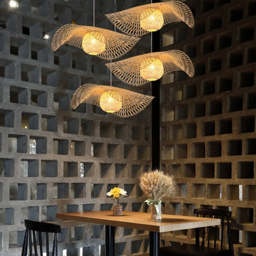 Rattan Woven Chandelier Handmade Weaving Bamboo Lamp Shade Rattan Hanging Pendant Light for Home Decoration