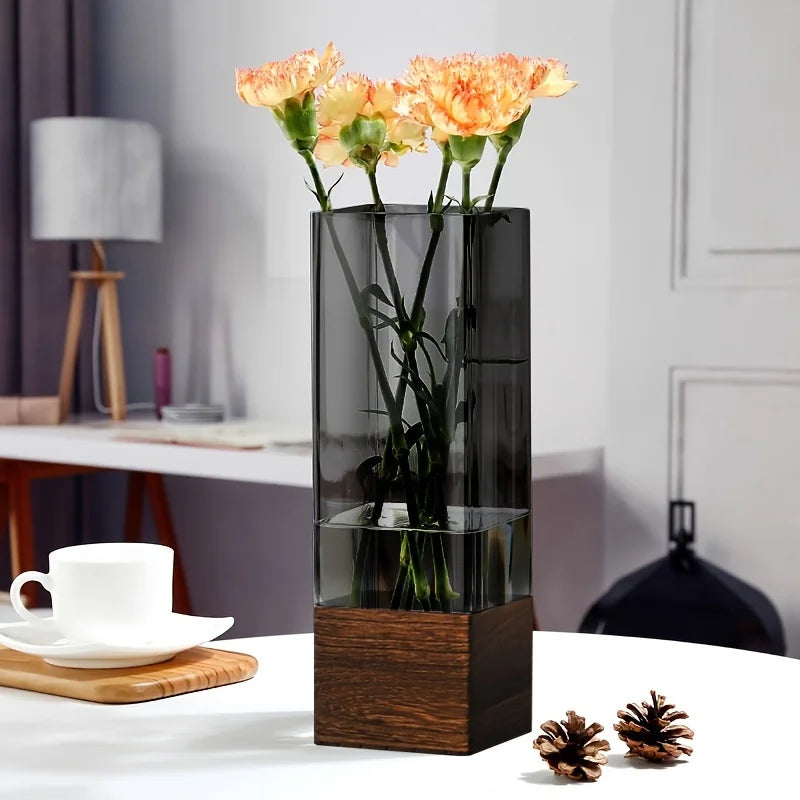 Elegant Nordic-Style Acrylic Vase with Wooden Base - Perfect for Living Room Decor & Floral Arrangements, Ideal Gift for