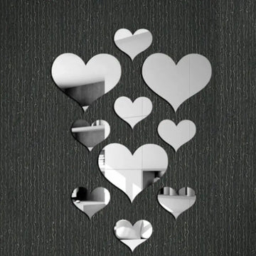 10Pcs/Set Decorative Gold Silver Mirror Wall Sticker Removable 3D Wall Sticker Heart Shape Removable Decal Room Decor