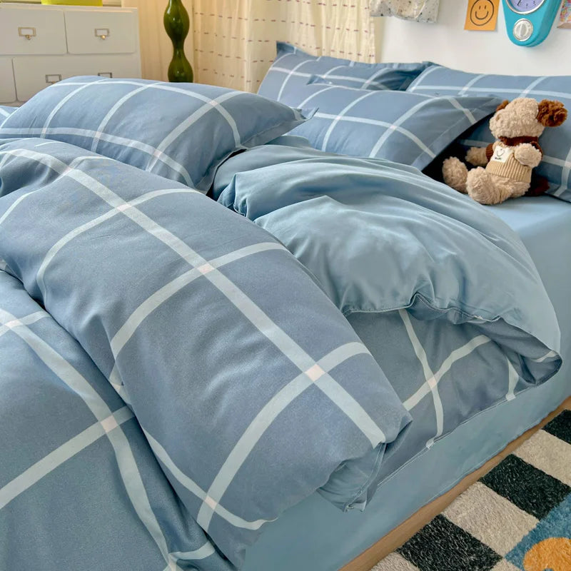 4PCS Light Blue Grid Bedding Set Modern White Line Checkered Duvet Cover Set with Pillowcases Soft Breathable Bed Linen for