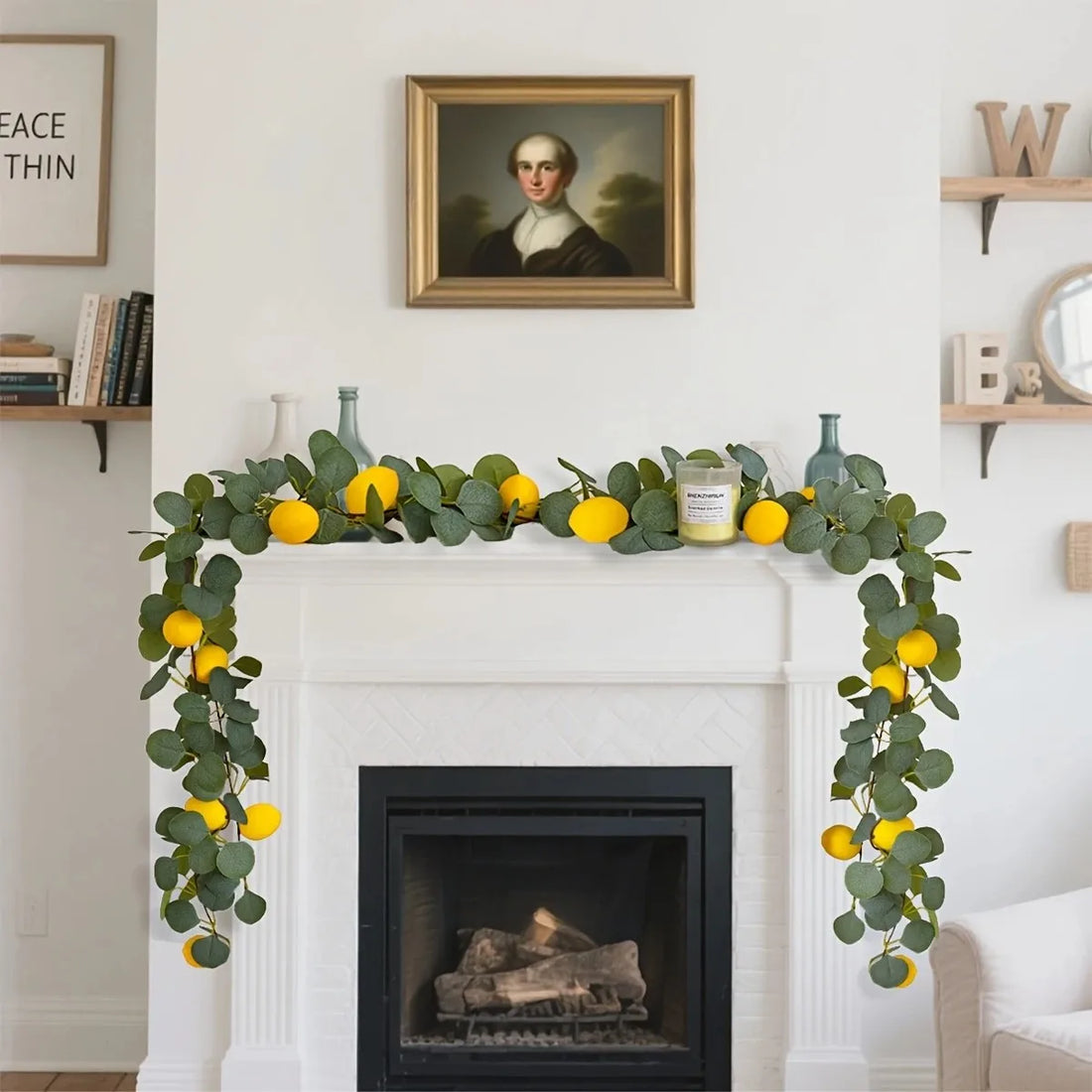 1Pc Realistic Artificial Eucalyptus Leaves Lemon Garland - Low Maintenance Lush Green Leaves for Spring Season, Perfect for Christmas, Fireplace, Table and Party Decorations, Festive Home Accents, Durable Plastic Leaves
