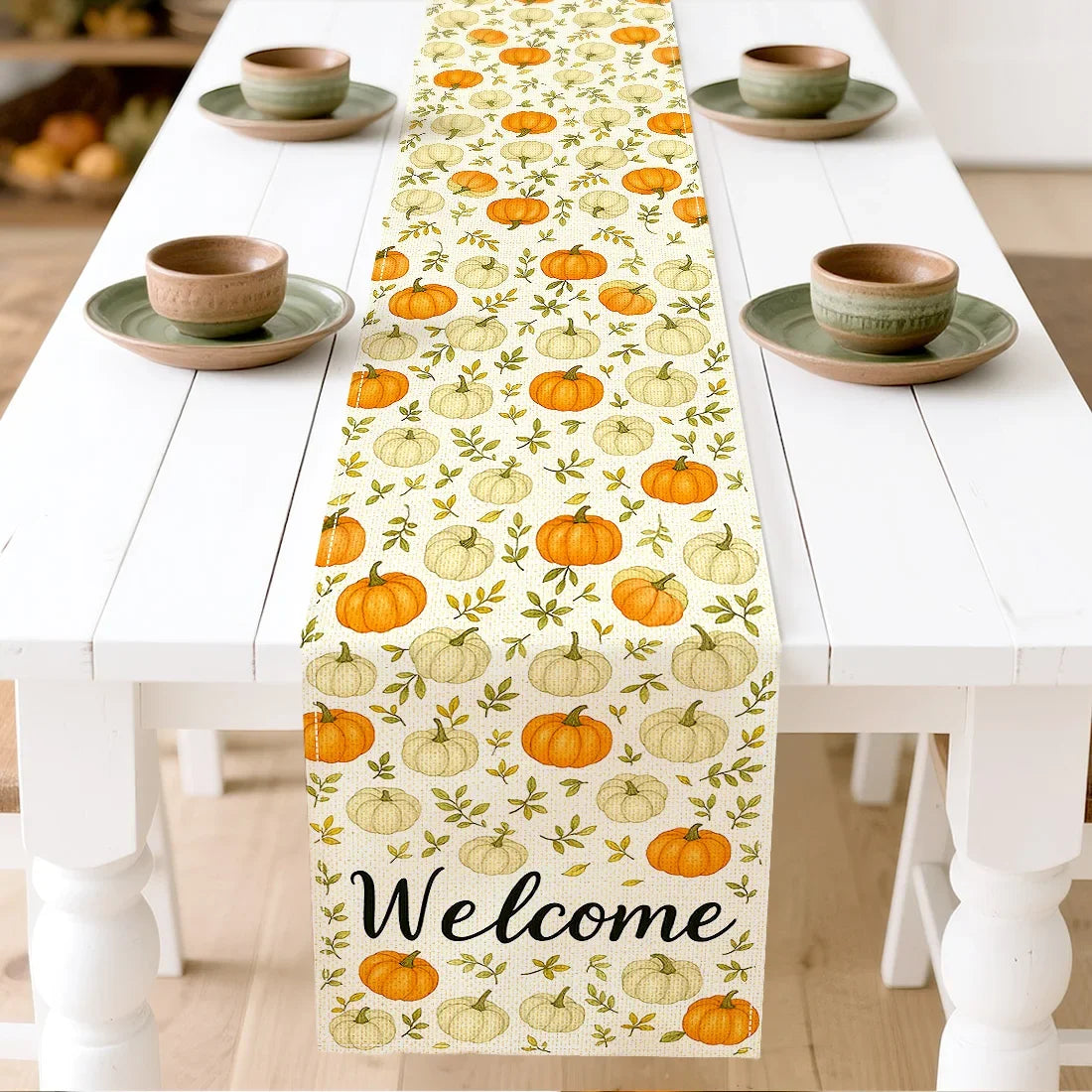 Thanksgiving Pumpkin Flower Plaid Illustration Table Runners Home Decoration Durable Kitchen Dining Table Runners Party Supplies