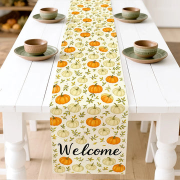 Thanksgiving Pumpkin Flower Plaid Illustration Table Runners Home Decoration Durable Kitchen Dining Table Runners Party Supplies