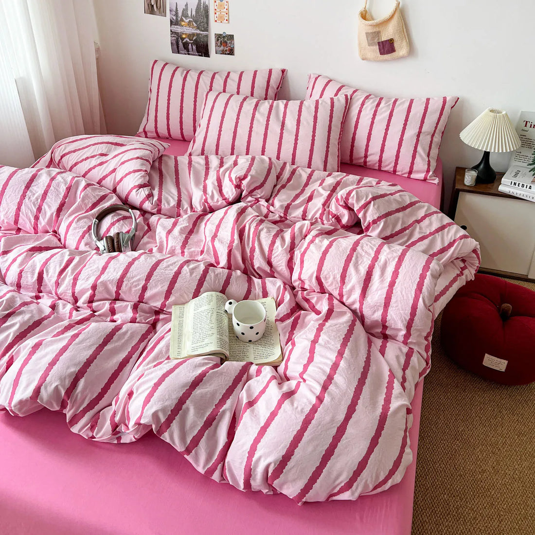 3pcs Simple Pink Striped Duvet Cover Set with 2 Pillowcases Soft Washed Cotton Bedding Set For Girls 150x200cm Bedroom Decor