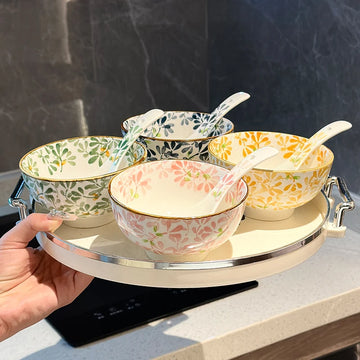 4-Piece 4.5-Inch Ceramic Bowls Set with Four-Season Floral Print -Pasta, Salad, Desserts & Appetizers, Microwave/Dishwasher Safe