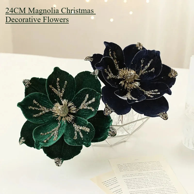 24CM Christmas Tree Decoration Flower Sticky Powderly White Magnolia Light Deluxe Cloth Christmas Party Decoration Supplies