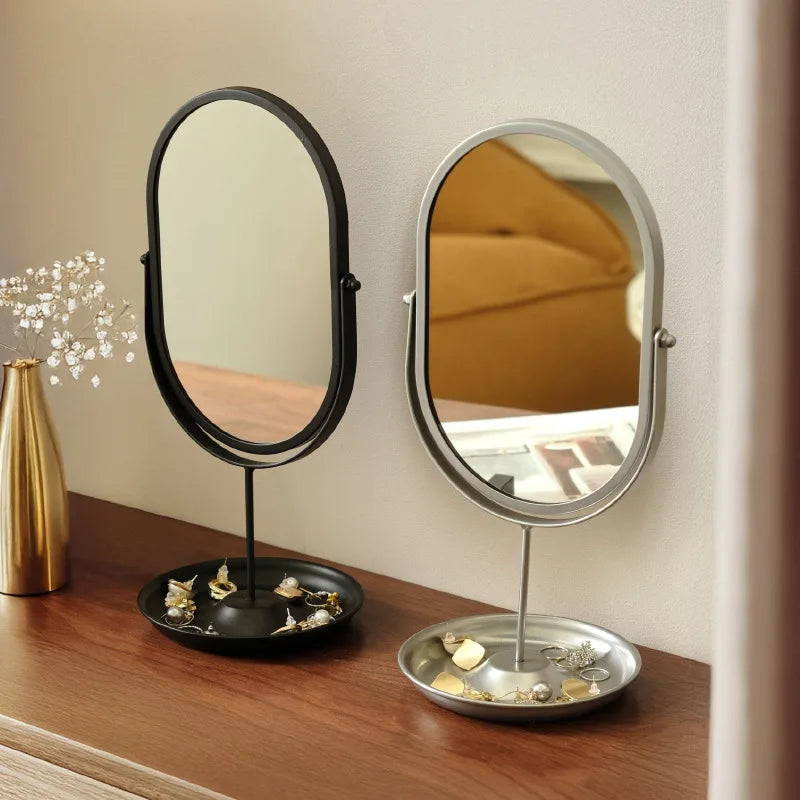 Dressing table, makeup mirror, home master bedroom, light luxury beauty mirror, desktop oval vertical wrought iron mirror