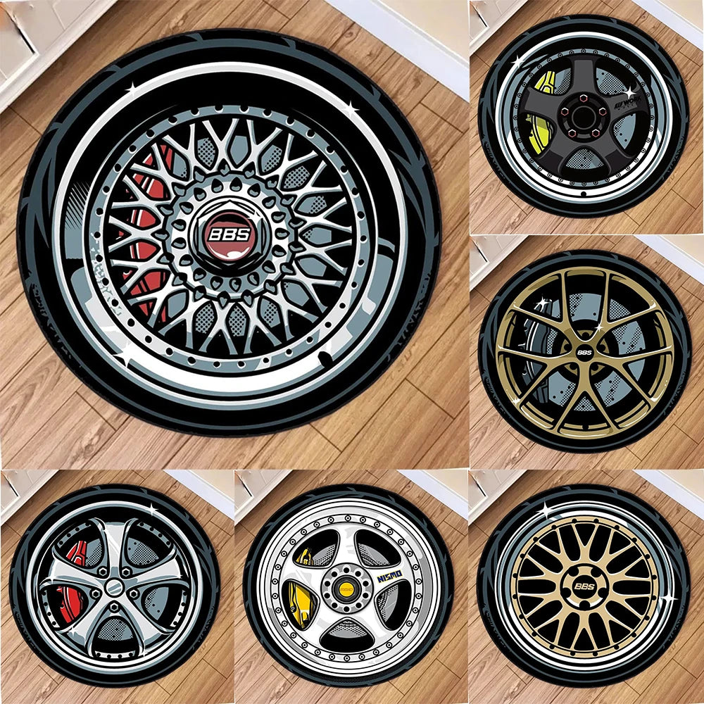 Fashion Wheels Printing Round Carpet Living Room Bedroom Kitchen Bathroom Floor Mat Soft Circle Rug Birthday Decor