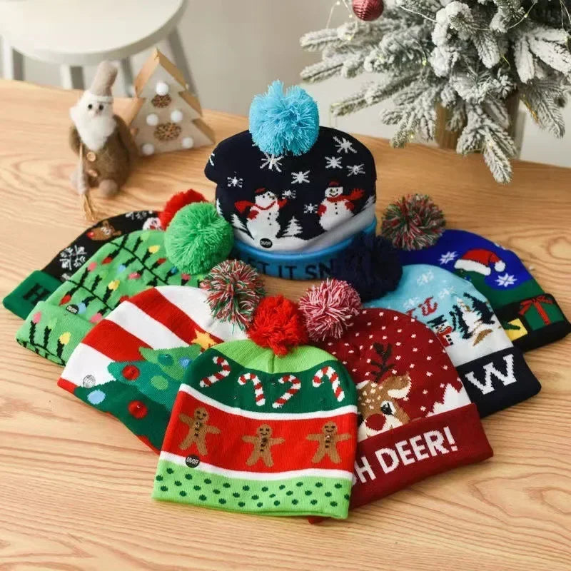LED Christmas Hat with Lights 2025 Knitting Cap Xmas Ornament Home Decor Navidad Natal 2025 New Year Holiday Gift