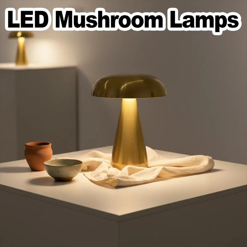 Mushroom Table Lamp Portable Touch Rechargeable LED Bedside Light Touch Control Reading Lamp for Bedroom Nightstands Metal