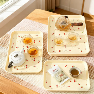 Rectangle Plastic Food Serving Tray Dessert Fruit Plate Stackable Cherry Pattern Decorative Storage Tray For Kitchen Living Room