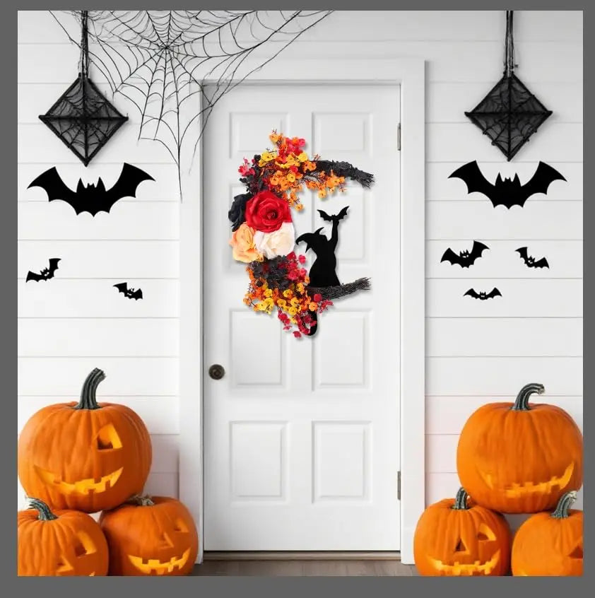 Halloween Witch Cat Rose Wreath Hanging Gothic Crescent Moon Christmas Wreath For Home Party Wall Window Indoor Outdoor