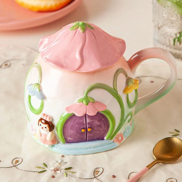 Creative House Mug Embossed Flower Ceramic Cup with Lid Afternoon Tea Coffee Drinkware Home Decor Women Gift Drinkware