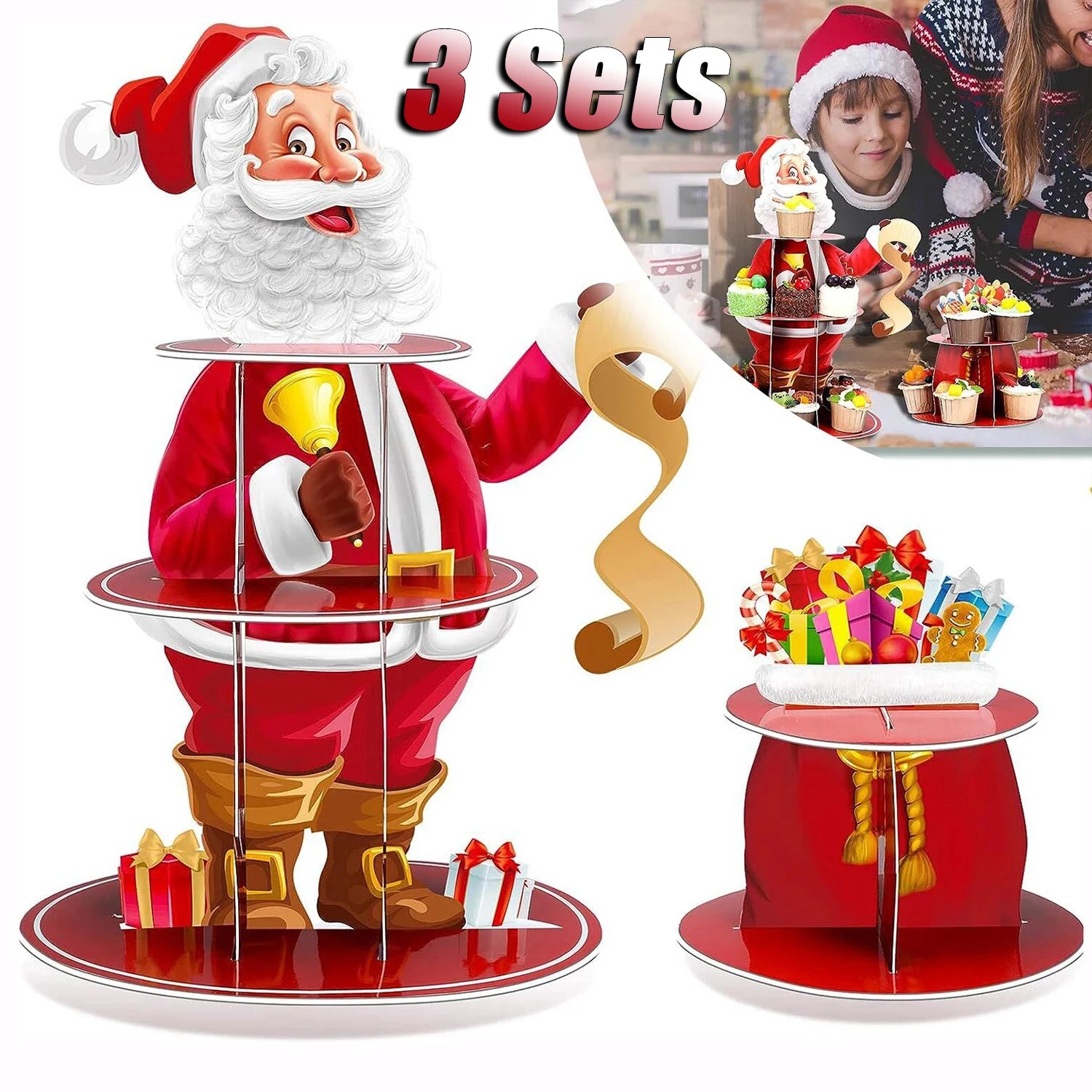 1/2/3 Sets Christmas Cake Stands Paper Dessert Tray Santa Claus Decoration Birthday Party Decoration 3 Tier Round Dessert Trays