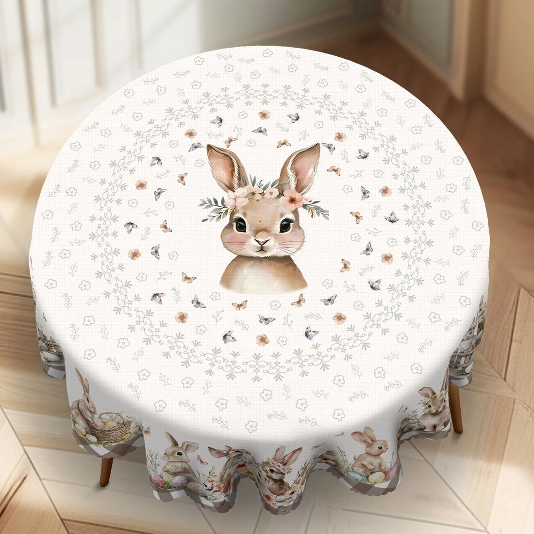 Cute Easter Themed Grey Rabbit Tablecloth - 1pc Spring Floral Print with Embossed Edge, Spring Outdoor Garden
