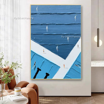Green Golf Course People Playing Golf Texture Thick Canvas Oil Painting Handpainted Blue White Abstract Wall Art Decor For Room