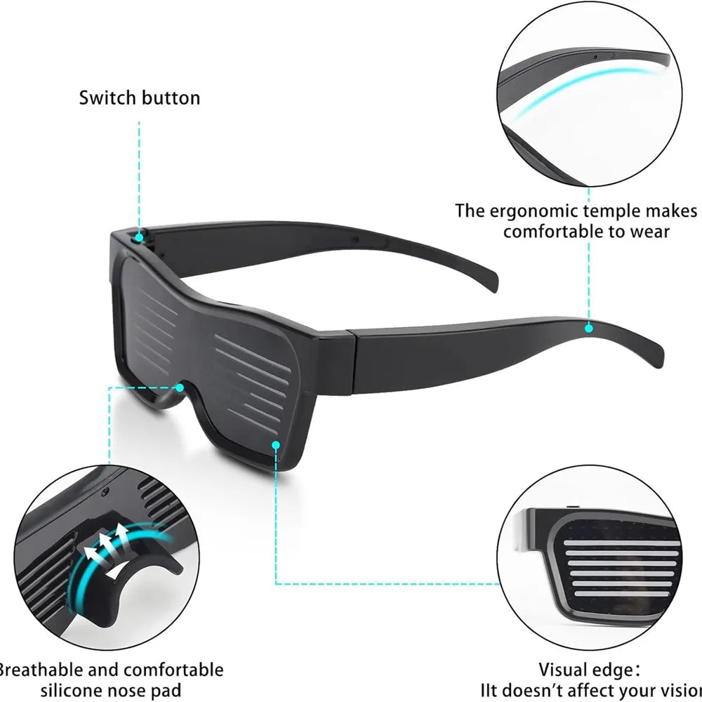 LED Glasses, Bluetooth APP Connected LED Display Smart Glasses USB Rechargeable DIY Funky Glasses for Party Club DJ Halloween