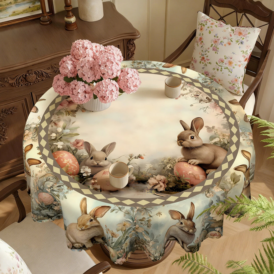 Luxurious Fairy Tale-Themed Tablecloth, Fluffy Cute Bunny, Vibrant Eggs, Delicate Floral Print Pattern, Multiple Size Options, Embossed Edges, Waterproof, Wrinkle-Resistant, Fade-Resistant, Perfect Easter Gift for Family and