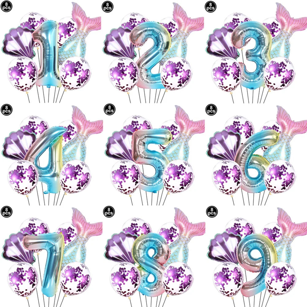 Little Mermaid Party Balloons Set 32inch Number 1-9 Foil Balloon Kids Birthday Party Decoration Supplies Baby Shower Decor Globo