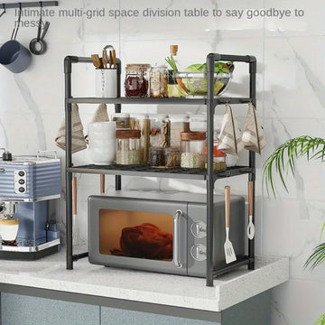 Microwave Oven Rack Hooks Double Layer Desktop Organizer Holder Kitchen Spice Storage Shelf Multi-function Table Bakers Stand