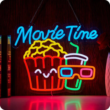 Movie Time Neon Sign Popcorn Cinema LED Neon Light for Wall Decor Dimmable Neon for Film Cinema Room Party Man Cave