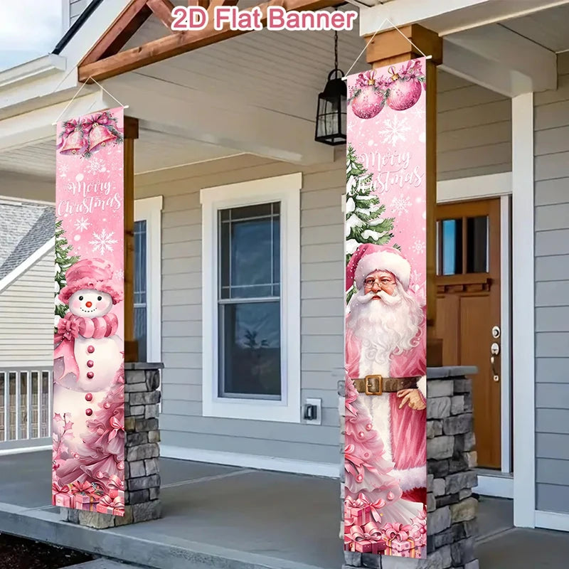 Christmas Pink Couplets Snowman Santa Claus Christmas Door Curtain Christmas Decorations 2025 Home Front Door Banner Decoration